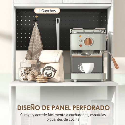 HOMCOM Móvel Auxiliar de Cozinha Aparador de Cozinha com Suporte para Micro-ondas 2 Gavetas 2 Portas Prateleira Ajustável e Painel Perfurado de Metal com 4 Ganchos para Sala 60x40x170 cm, Branco