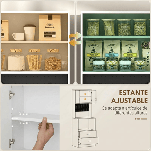 HOMCOM Móvel Auxiliar de Cozinha Aparador de Cozinha com Suporte para Micro-ondas 2 Gavetas 2 Portas Prateleira Ajustável e Painel Perfurado de Metal com 4 Ganchos para Sala 60x40x170 cm, Branco
