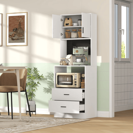 HOMCOM Móvel Auxiliar de Cozinha Aparador de Cozinha com Suporte para Micro-ondas 2 Gavetas 2 Portas Prateleira Ajustável e Painel Perfurado de Metal com 4 Ganchos para Sala 60x40x170 cm, Branco
