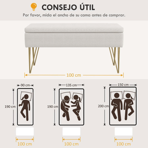 HOMCOM Banco para Pé de Cama Banco Estofado em Tecido Sintético com Pernas de Aço e Assento Acolchoado Estilo Moderno Banco para Quarto Entrada Creme