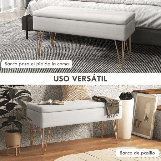 HOMCOM Banco para Pé de Cama Banco Estofado em Tecido Sintético com Pernas de Aço e Assento Acolchoado Estilo Moderno Banco para Quarto Entrada Creme