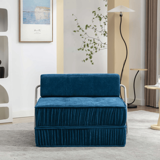Sofá-cama de 1 lugar - conversível, futon, assento reclinável, almofada traseira removível - azul
