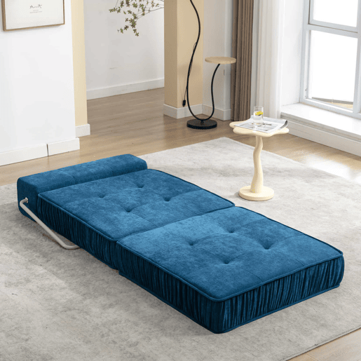 Sofá-cama de 1 lugar - conversível, futon, assento reclinável, almofada traseira removível - azul