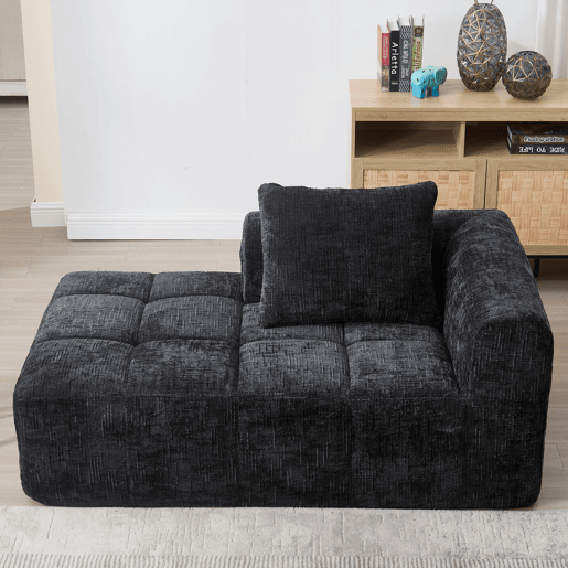 Sofá Chaiselongue - Sem montagem, macio com almofadas, bolsos laterais para comando e telemóvel - Preto