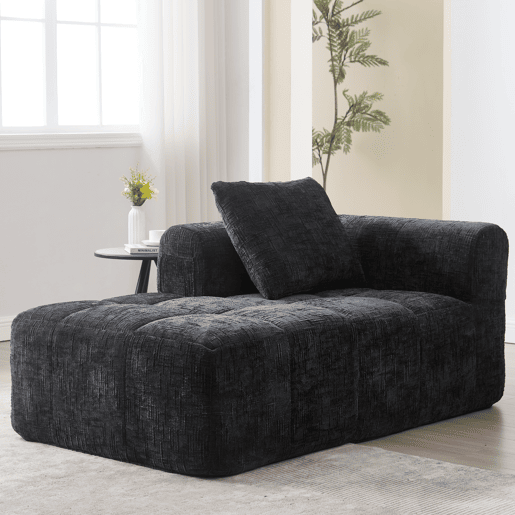 Sofá Chaiselongue - Sem montagem, macio com almofadas, bolsos laterais para comando e telemóvel - Preto