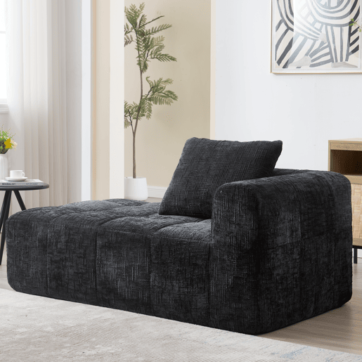 Sofá Chaiselongue - Sem montagem, macio com almofadas, bolsos laterais para comando e telemóvel - Preto