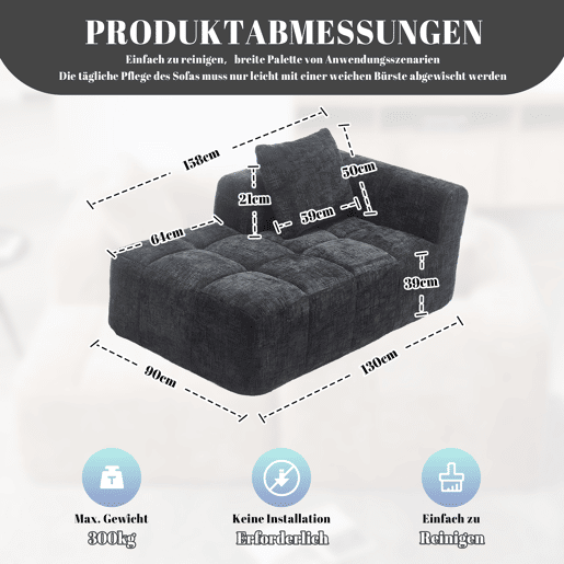 Sofá Chaiselongue - Sem montagem, macio com almofadas, bolsos laterais para comando e telemóvel - Preto