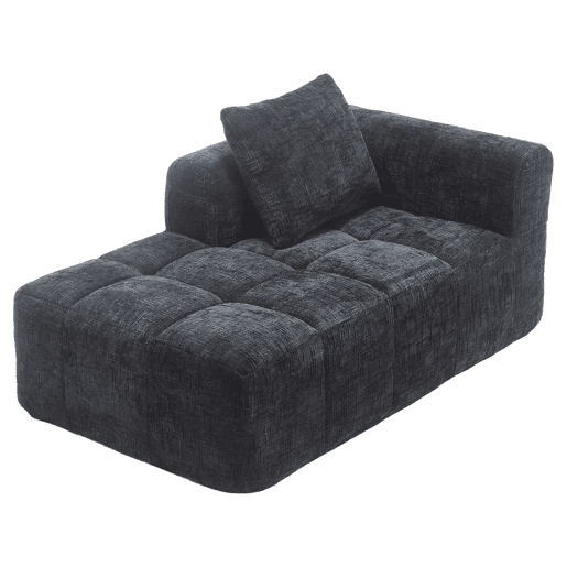 Sofá Chaiselongue - Sem montagem, macio com almofadas, bolsos laterais para comando e telemóvel - Preto