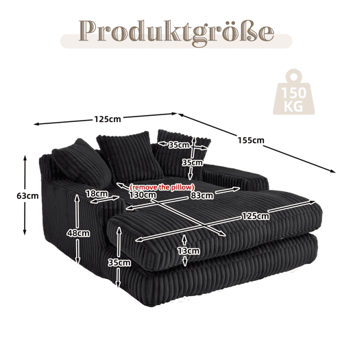 Sofá-cama individual - 3 almofadas macias, confortável para sala e escritório - Preto