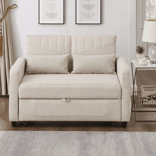 Sofá-cama de 2 lugares - design moderno, reclinável em 3 posições, algodão-linho - Bege