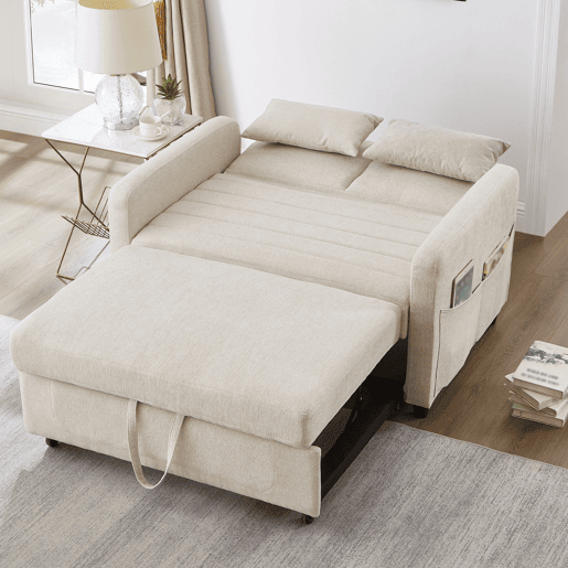 Sofá-cama de 2 lugares - design moderno, reclinável em 3 posições, algodão-linho - Bege