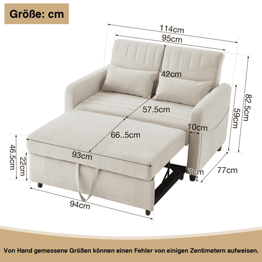 Sofá-cama de 2 lugares - design moderno, reclinável em 3 posições, algodão-linho - Bege
