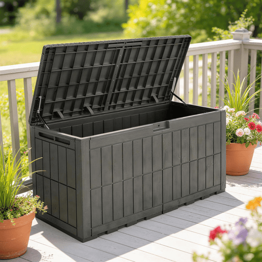 Outsunny Baú Exterior Capacidade 440L Baú de Armazenamento Exterior em Resina Resistente à Água e aos Raios UV com Tampa Bloqueável Barras de Gás e Alças Laterais para Jardim 133x62x65 cm Castanho