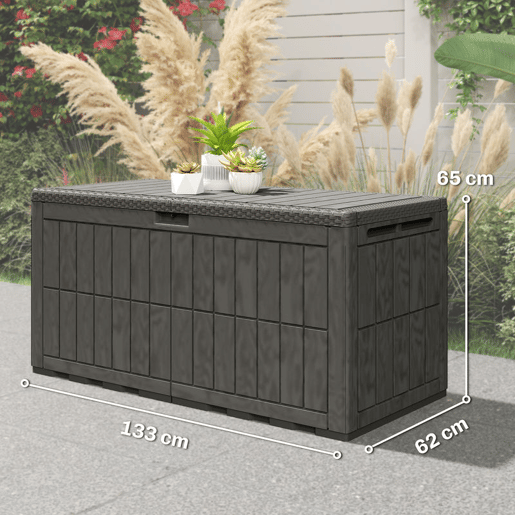 Outsunny Baú Exterior Capacidade 440L Baú de Armazenamento Exterior em Resina Resistente à Água e aos Raios UV com Tampa Bloqueável Barras de Gás e Alças Laterais para Jardim 133x62x65 cm Castanho