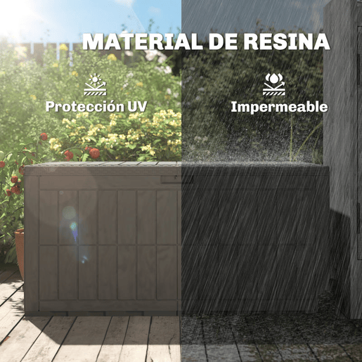 Outsunny Baú Exterior Capacidade 440L Baú de Armazenamento Exterior em Resina Resistente à Água e aos Raios UV com Tampa Bloqueável Barras de Gás e Alças Laterais para Jardim 133x62x65 cm Castanho