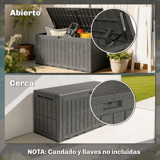 Outsunny Baú Exterior Capacidade 440L Baú de Armazenamento Exterior em Resina Resistente à Água e aos Raios UV com Tampa Bloqueável Barras de Gás e Alças Laterais para Jardim 133x62x65 cm Castanho