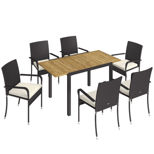 Outsunny Conjunto de Mesa e Cadeiras de Jardim em Vime de 7 Peças Móveis de Exterior com Mesa Extensível em Madeira e 6 Cadeiras Empilháveis com Almofadas Removíveis Estrutura de Aço Resistente Creme