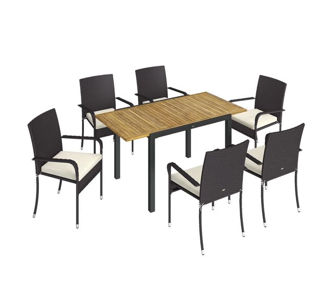 Outsunny conjunto de mesa y sillas jardín de ratán de 7 piezas, muebles jardín exterior con mesa extensible 100-150 cm tablero madera y 6 sillas apilables con cojines extraíbles, marco de acero, crema