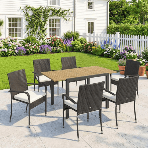 Outsunny Conjunto de Mesa e Cadeiras de Jardim em Vime de 7 Peças Móveis de Exterior com Mesa Extensível em Madeira e 6 Cadeiras Empilháveis com Almofadas Removíveis Estrutura de Aço Resistente Creme