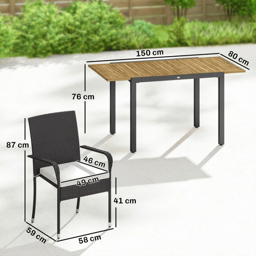 Outsunny Conjunto de Mesa e Cadeiras de Jardim em Vime de 7 Peças Móveis de Exterior com Mesa Extensível em Madeira e 6 Cadeiras Empilháveis com Almofadas Removíveis Estrutura de Aço Resistente Creme