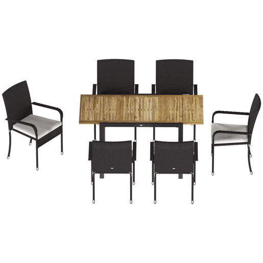 Outsunny Conjunto de Mesa e Cadeiras de Jardim em Vime de 7 Peças Móveis de Exterior com Mesa Extensível em Madeira e 6 Cadeiras Empilháveis com Almofadas Removíveis Estrutura de Aço Resistente Creme