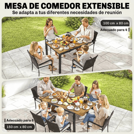 Outsunny Conjunto de Mesa e Cadeiras de Jardim em Vime de 7 Peças Móveis de Exterior com Mesa Extensível em Madeira e 6 Cadeiras Empilháveis com Almofadas Removíveis Estrutura de Aço Resistente Creme