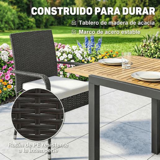 Outsunny Conjunto de Mesa e Cadeiras de Jardim em Vime de 7 Peças Móveis de Exterior com Mesa Extensível em Madeira e 6 Cadeiras Empilháveis com Almofadas Removíveis Estrutura de Aço Resistente Creme