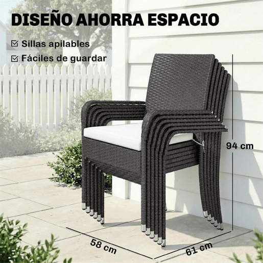 Outsunny Conjunto de Mesa e Cadeiras de Jardim em Vime de 7 Peças Móveis de Exterior com Mesa Extensível em Madeira e 6 Cadeiras Empilháveis com Almofadas Removíveis Estrutura de Aço Resistente Creme