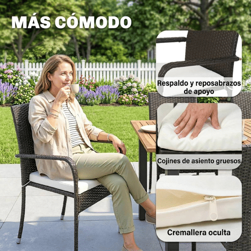 Outsunny Conjunto de Mesa e Cadeiras de Jardim em Vime de 7 Peças Móveis de Exterior com Mesa Extensível em Madeira e 6 Cadeiras Empilháveis com Almofadas Removíveis Estrutura de Aço Resistente Creme