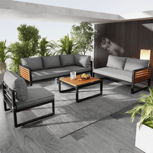 Conjunto de sofás de jardim para 5-6 pessoas - Sofá exterior moderno, estrutura em ferro galvanizado, braços em madeira - Cinza
