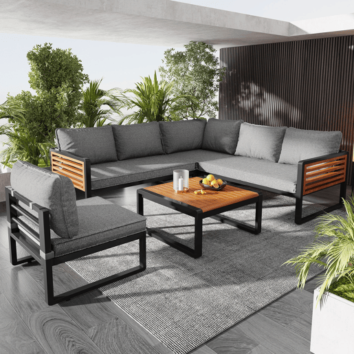Conjunto de sofás de jardim para 5-6 pessoas - Sofá exterior moderno, estrutura em ferro galvanizado, braços em madeira - Cinza