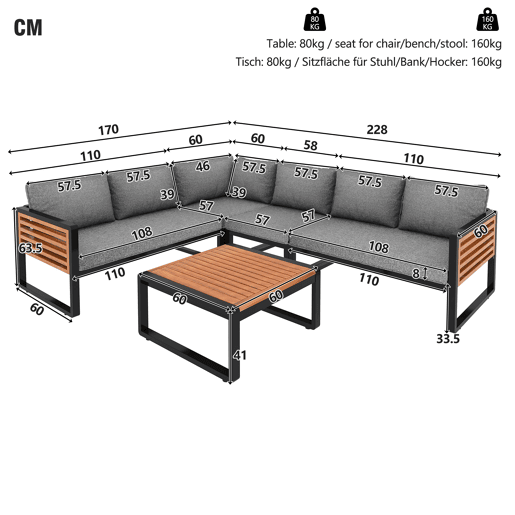 Conjunto de sofás de jardim para 5-6 pessoas - Sofá exterior moderno, estrutura em ferro galvanizado, braços em madeira - Cinza