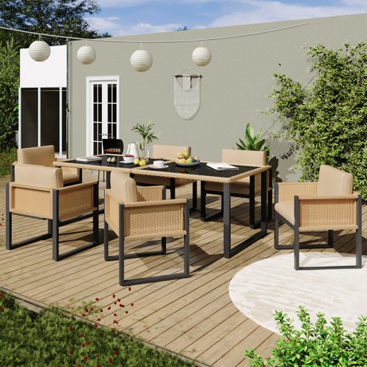 Conjunto de mesa e cadeiras em polirrattan - 6 pessoas - com capas removíveis e laváveis - Castanho