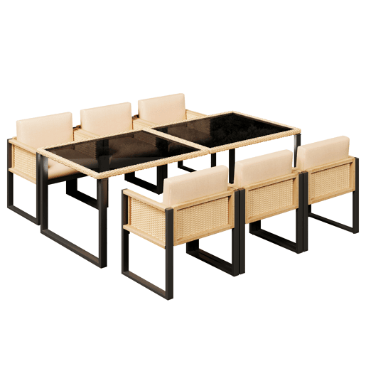 Conjunto de mesa e cadeiras em polirrattan - 6 pessoas - com capas removíveis e laváveis - Castanho