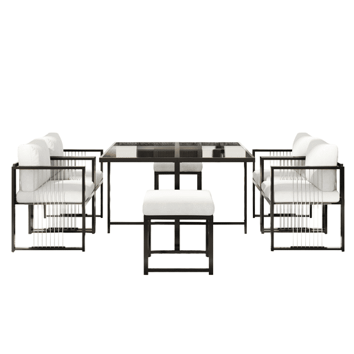 Conjunto de mesa e cadeiras para exteriores 7 peças - Mesa de vidro temperado - para 6 pessoas - Preto e Branco