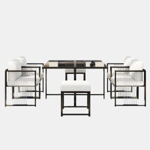 Conjunto de mesa e cadeiras para exteriores 7 peças - Mesa de vidro temperado - para 6 pessoas - Preto e Branco