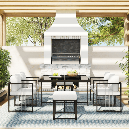 Conjunto de mesa e cadeiras para exteriores 7 peças - Mesa de vidro temperado - para 6 pessoas - Preto e Branco