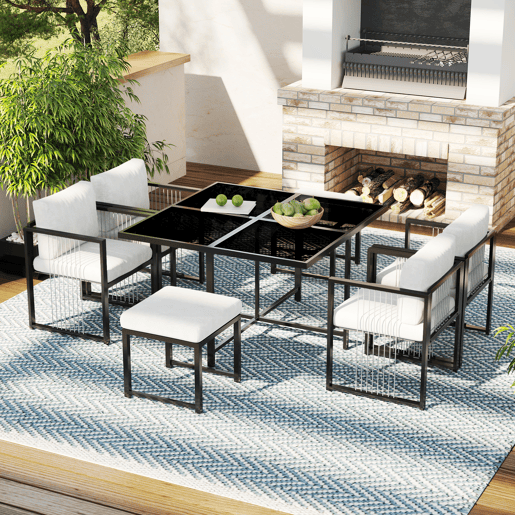 Conjunto de mesa e cadeiras para exteriores 7 peças - Mesa de vidro temperado - para 6 pessoas - Preto e Branco