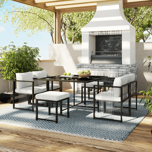 Conjunto de mesa e cadeiras para exteriores 7 peças - Mesa de vidro temperado - para 6 pessoas - Preto e Branco