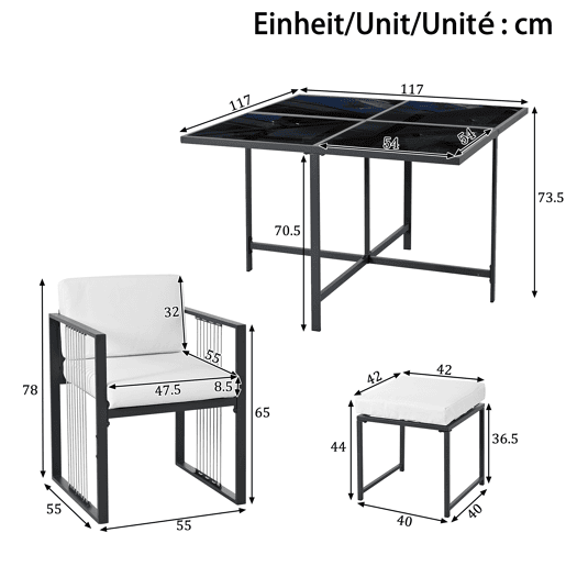 Conjunto de mesa e cadeiras para exteriores 7 peças - Mesa de vidro temperado - para 6 pessoas - Preto e Branco