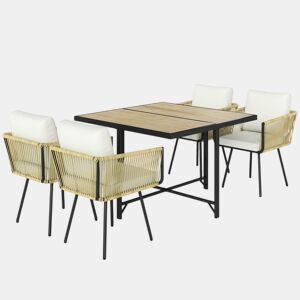 Outsunny Conjunto de Refeição Jardim de 5 Peças Mesa de Refeição com Imitação de Madeira e 4 Cadeiras com Almofadas Conjunto de Mesa e Cadeiras em Vime para Exterior Pátio Bege e Madeira