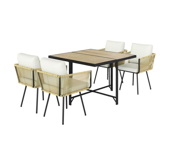 Outsunny conjunto de mesa y sillas jardín de ratán de 5 piezas, muebles jardín exterior con mesa de plástico-madera y 4 sillas con cojines extraíbles, marco de metal resistente para terraza, beige