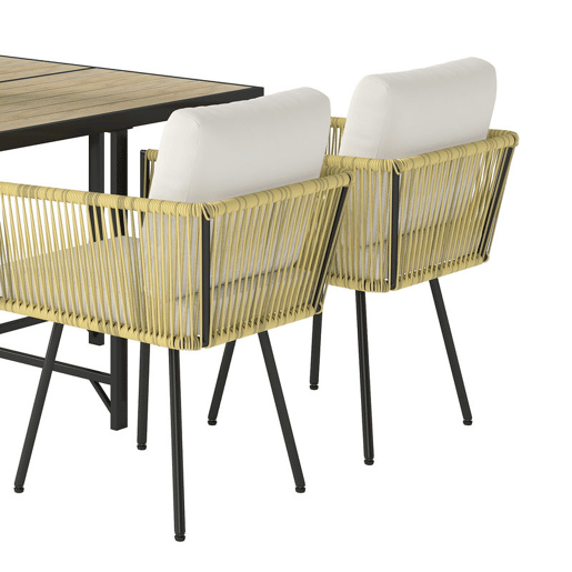 Outsunny Conjunto de Refeição Jardim de 5 Peças Mesa de Refeição com Imitação de Madeira e 4 Cadeiras com Almofadas Conjunto de Mesa e Cadeiras em Vime para Exterior Pátio Bege e Madeira