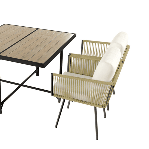Outsunny Conjunto de Refeição Jardim de 5 Peças Mesa de Refeição com Imitação de Madeira e 4 Cadeiras com Almofadas Conjunto de Mesa e Cadeiras em Vime para Exterior Pátio Bege e Madeira