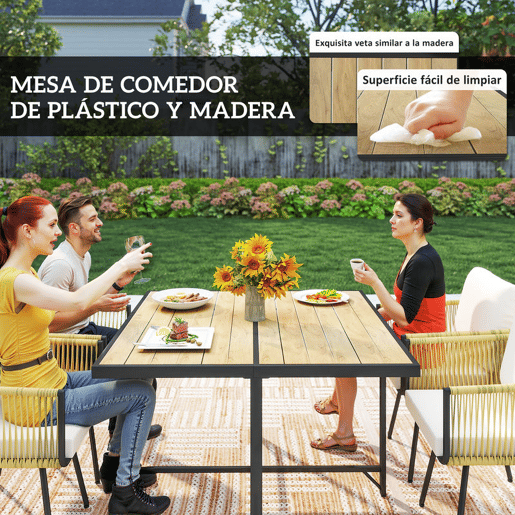 Outsunny Conjunto de Refeição Jardim de 5 Peças Mesa de Refeição com Imitação de Madeira e 4 Cadeiras com Almofadas Conjunto de Mesa e Cadeiras em Vime para Exterior Pátio Bege e Madeira