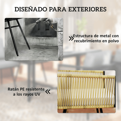 Outsunny Conjunto de Refeição Jardim de 5 Peças Mesa de Refeição com Imitação de Madeira e 4 Cadeiras com Almofadas Conjunto de Mesa e Cadeiras em Vime para Exterior Pátio Bege e Madeira