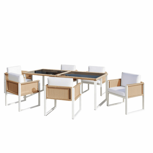 Conjunto de jantar de jardim em rattan sintético para 6 pessoas - cadeiras com almofadas removíveis e capas laváveis - castanho e branco