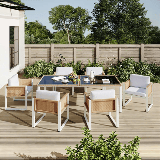 Conjunto de jantar de jardim em rattan sintético para 6 pessoas - cadeiras com almofadas removíveis e capas laváveis - castanho e branco