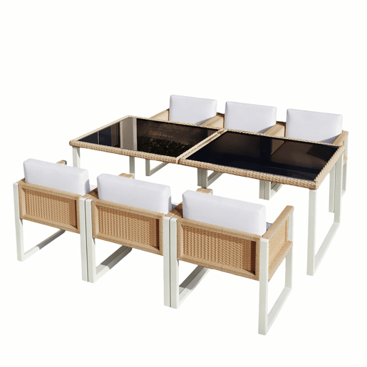 Conjunto de jantar de jardim em rattan sintético para 6 pessoas - cadeiras com almofadas removíveis e capas laváveis - castanho e branco