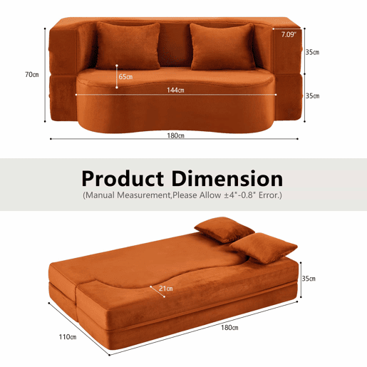 Sofá-cama de 2 lugares - colchão de molas, dobrável, sem montagem, para sala de estar e quarto - laranja